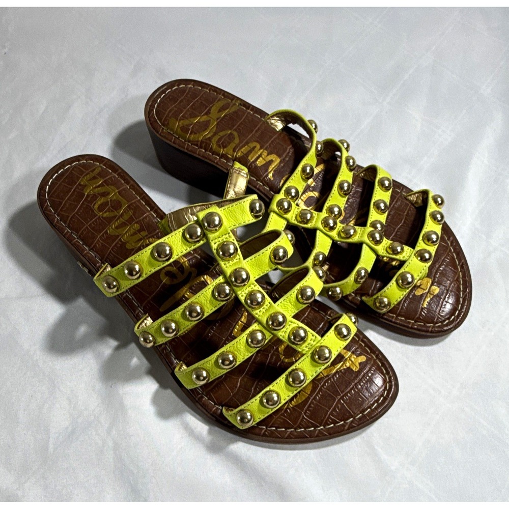 Sam Edelman Women’s Leather Studded Multi-Strap Slide Sandals Yellow US 7
